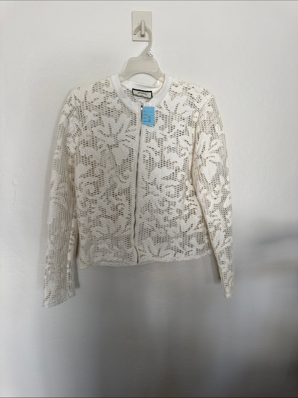 Joompy White Mesh Bomber Jacket with Faux Leather Floral Appliqué